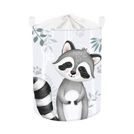 Clastyle 45L Cute Gray Smile Raccoon Tree Leaves Laundry Hamper for Kids Animal Round Clothes Toys Storage Baskets for Nursery Room, 14.2x17.7 in