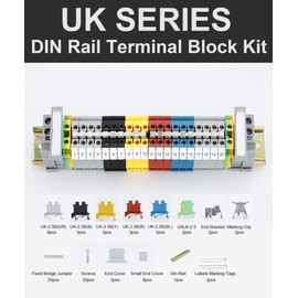 Erayco Kit de bloque de terminales de riel DIN 20 bloques de terminales de calibre UK2.5B 12 AWG 20A 600V bloques de tierra de puente fijo tapas de extremo soportes de extremo