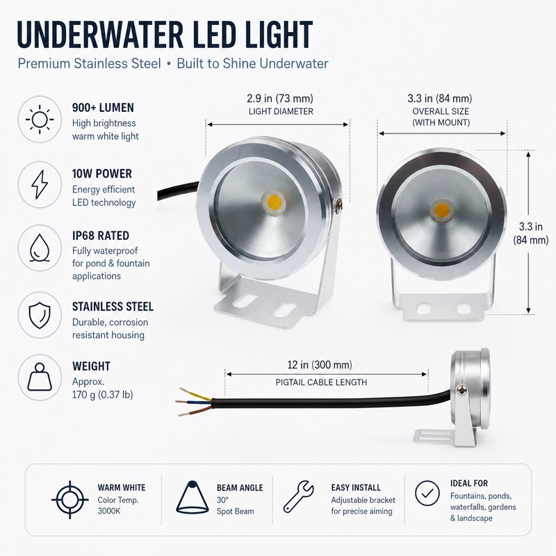 10W LED Landscape Spotlight for Ponds – 12V Stainless Steel