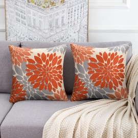 Linen Cushion Cover, 40 x 40 cm, Dahlia Geometric Orange and Grey Sofa Cushion Covers, Decorative Cushion, Couch Cushion for Couch, Outdoor Bench, Bed, Living Room, Christmas, Set of 2