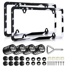 Black American Flag License Plate Frames - 2 Pack Patriotic Matte Gloss Stars Stripe US Flag Stainless Steel Car Tag Frame Holder Covers with 4 Fluttering Flag Valve Stem Caps, Screws Fasteners