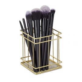 Relaxdays Pen Holder Angular, Modern Decorative Design, Make-up Brush Organiser, Wired, Pencil Cup Desk, 10x9x9 cm, Gold, Iron