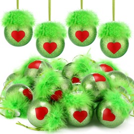 Simgoing 24 Pcs Lime Green Christmas Ball Ornaments Glitter Christmas Tree Ornaments with Fuzzy Hair Shatterproof Green Balls Decoration Set for Xmas Holiday Party Home Decor
