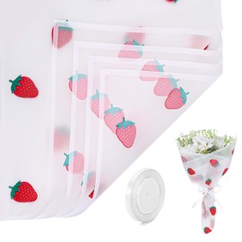 Chanumetal 20 Sheets Strawberry Wrapping Paper, Flower Wrapping Paper with Ribbon for Wedding Party Graduation Birthday and DIY Craft Florist Supplies (22.4x22.4Inch, White)