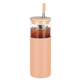 VQSV 24oz Glass Tumbler with Lid and Straw, Iced Coffee Cup,Stainless steel straw and Bamboo Lid,Smoothie cup with Silicone Sleeve,NO Plastica & BPA Free - Fits in Cup Holder(Amber)