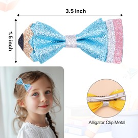 Back To School Pencil Hair Bow Clips, Sparkly First Day of School Hair Clip Leather Pencil Hair Bow Graduation and School Season Hair Accessories for Girls, Blue