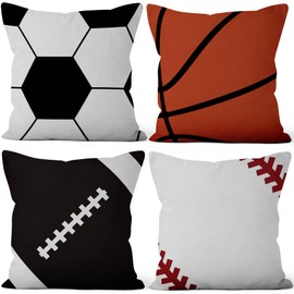 Aoihrraan 41 x 41 cm, Set of 4 Decorative Sports Cushion Covers, Rustic Football, Baseball, Football, Basketball, Decorative Cushion Cover, Square Couch Cushion, Decorative Cushion for Sports, Boys