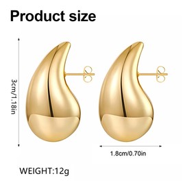 PSOWQ 18K Earrings Dupes Thick Hoop Earrings for Women, Chunky Earrings for Women, Lightweight Waterdrop Hollow Open Hoops, Hypoallergenic 585 Gold-Plated Earrings Fashion Jewellery for Women and