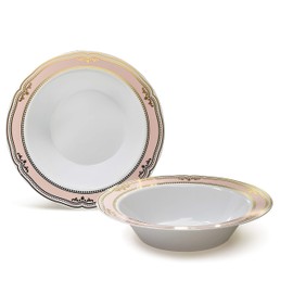 " OCCASIONS " 120 Pieces Plates Pack, Disposable Wedding Party Plastic Bowls (12oz Soup Bowl, Scalloped in White/Blush & Gold)