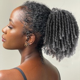 Matthia Grey Dreadlock Drawstring Ponytail for Black Women,6inch Short Curly Faux Loc Ponytail Hair Piece Clip on Coil Dreadlock Ponytails for Women Salt and Pepper Goddess Faux Locs (T1B/Gray#)