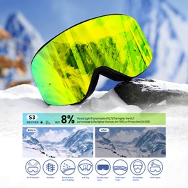 Dizokizo Ski Goggles Cylindrical Skiing Snowboard Lens Anti-fog 100% UV Protection Triple Breathable Foams Embossed Strap for Women Men Adults REVO Gold