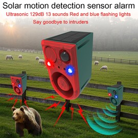 Solar-Bewegungsmelder für den Außenbereich Alarm-130db Lauter Geräuschemacher, Hundegebell und Schussgeräusch, Ultraschall und rotblaues Blitzlicht, für Bauernhöfe, Höfe und Wildtierabschreckung
