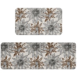 Brown Grey Gray Kitchen Rugs for Floor Set of 2 Retro Sunflower Abstract Flowers Boho Modern Art Floral Kitchen Mats Non Slip Washable Holiday Farmhouse Decorative Runner Mats, 17"x30"+17"x47"