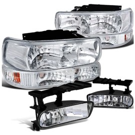 Spec-D Tuning Chrome Headlights Bumper Lamps + Clear Fog Light 6Pc Kit for 1999-2002 Chevy Silverado Left + Right Pair