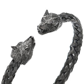 COOLSTEELANDBEYOND Mens Wolf Head Bracelet Steel Braided Cable Bangle Cuff Bracelet Grey Black Polished, Adjustable