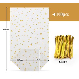 100pcs Christmas Cellophane Bags Stars Gold Clear 14.5x23.5cm Food Gift Plastic Candy OPP Bags with 100Pcs Twist Ties for Snack Wrapping & Festival Gift Package