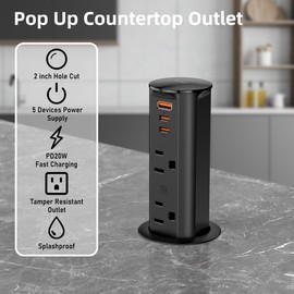 ANNQUAN 2 inch Space Saver Pop Up Outlet for Countertop with PD20W USB Ports,2 Outlets Tamper Resistant,Splashproof Pop Up Socket,Desk Power Grommet for Home Office Kitchen Black