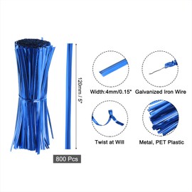 sourcing map 5" Twist Ties, Metallic Twist Ties, Reusable Plastic Coated Twist Ties for Bakery, Candy Bags, Coffee Bags, Goodie Bags, Pack of 800, Blue
