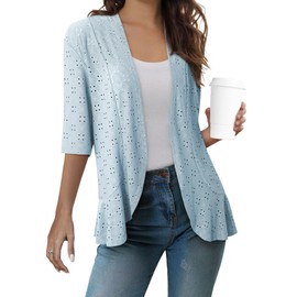 Sidefeel Women's Lightweight Kimono Cardigans Loose Fit Half Sleeve Hollow Out Beach Cover Up Womens Spring Fashion 2024 Sky Blue Small