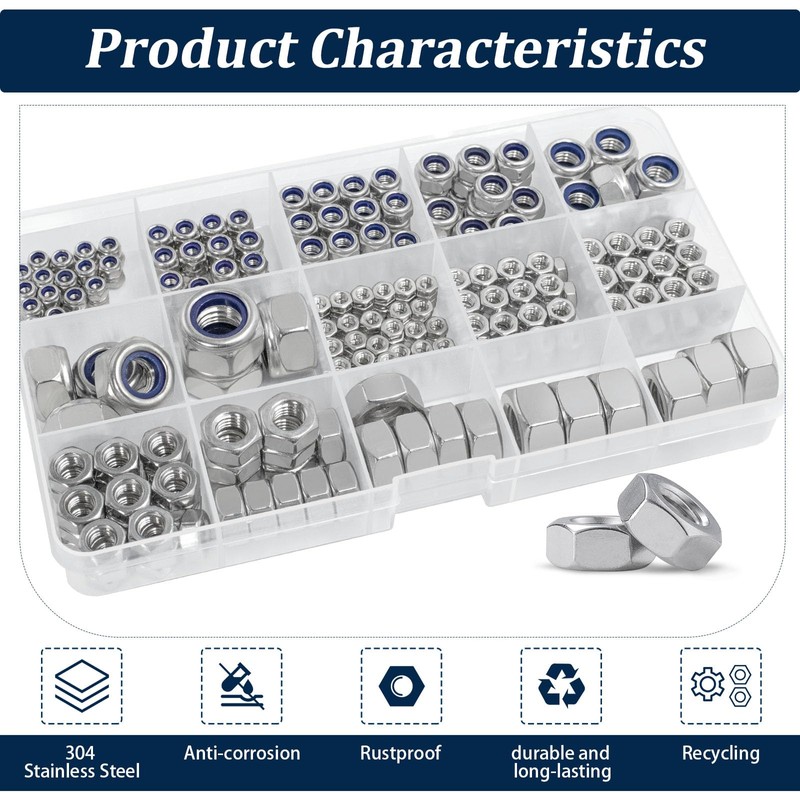 Vifmy Metric Hex Nuts & Locknuts Assortment Kit(360Pcs)，M3 M4 M5