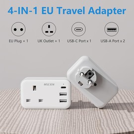 2 Pack UK to European Europe EU Plug Adapter with 3 USB (1 USB C), MSCIEN Euro Schuko Grounded Charger for Turkey Greece Germany France, Type E/F Europe Plug Adapter
