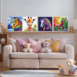 NAIMOER 4 Pack Animals Paint by Numbers Kits for Adults Beginner with Wooden Framed, Color by Numbers on Canvas Painting Kits for Adults, Easy Paint DIY Acrylic for Home Wall Decor 8X8 Inch