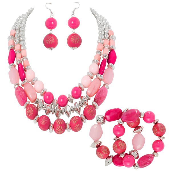 BOCAR 3 Layer Chunky Statement Beaded Necklace Set with Earrings