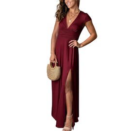 Yuopeid Women's Wrap V Neck Cap Sleeve Long Dress Solid Color Sexy Split Pleated Summer Cocktail Party Maxi Dresses Red S