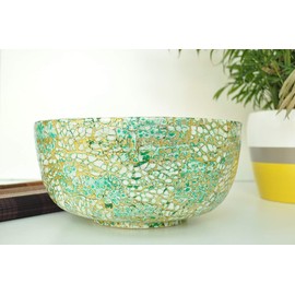 bamboo bowl, wooden round bowls, handmade wood fruit bowl sweet bowl fine quality decorative homeware glossy lacquer inlaid with egg shell in unique mosaic, green gold effect large size H004L