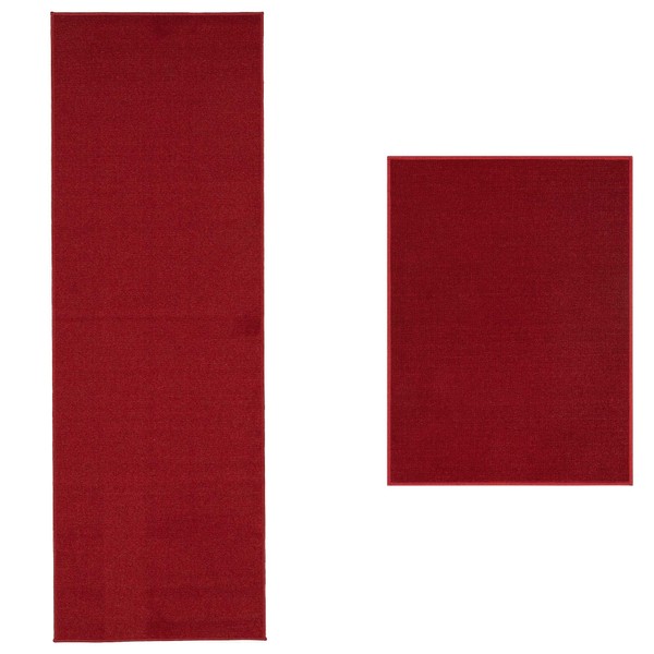 Machine Washable Modern Solid Design Non-Slip Rubberback 2x5/2x3 2PCS Set Traditional Runner Rug/Area Rug for Hallway, Kitchen, Entryway, Bathroom, 2 Piece Set - 20" x 59" / 2'3" x 3', Red