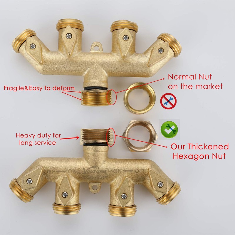 VOURUNA Premium Heavy Duty Brass 4 Way Garden Hose Splitter