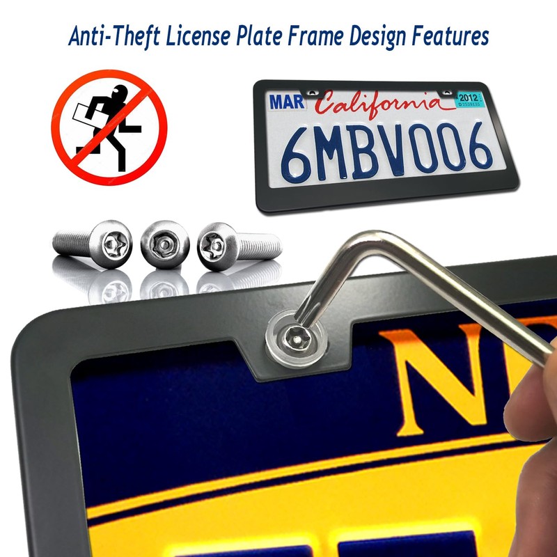 Anti Theft License Plate Frames, Matte Black, Security Screws