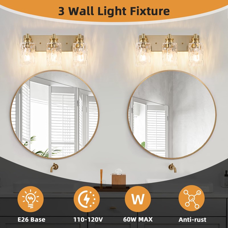 AMRUIPO 3 Light Bathroom Vanity Light Modern Brushed Gold Bathroom