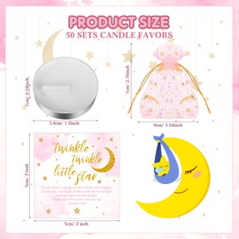 50 Sets Twinkle Twinkle Baby Shower Candle Favors 50 Pcs Tealight Candles for Guests with 50 Moon Star Organza Bags and 50 Little Star Thank You Tags for Gender Reveal(Pink)