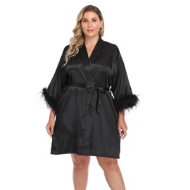 MissNina Bridesmaid Robes with Ostrich Feather Trim Satin Robes Silk Robes Feather Bridal Robes Party Sleepwear, Short