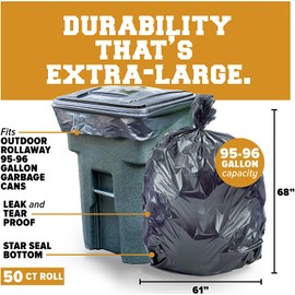 Plasticplace 95-96 Gallon Trash Bags │ 2.0 Mil │ Black Heavy Duty Garbage Can Liners │ 61” x 68” (50 Count)
