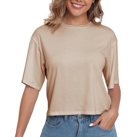 PRIMODA Women's Loose Fit Cropped T Shirts Crew Neck Half Sleeve Crop Tops Tee Shirts (Beige S)