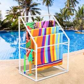Heavy Duty Vertical Poolside Pipe Towel Rack for Pool, Lake, RV, PVC Outdoor Pool Beach Towel Rack Shelf, Include 4 Small Towel Clips and Installation Hammer