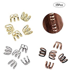 Ximimark 1 Set(15 Pcs) Dreadlock Beads Dread Hair Braid Cuff Clip Adjustable Hair Rings Set,Gold Silver Bronze