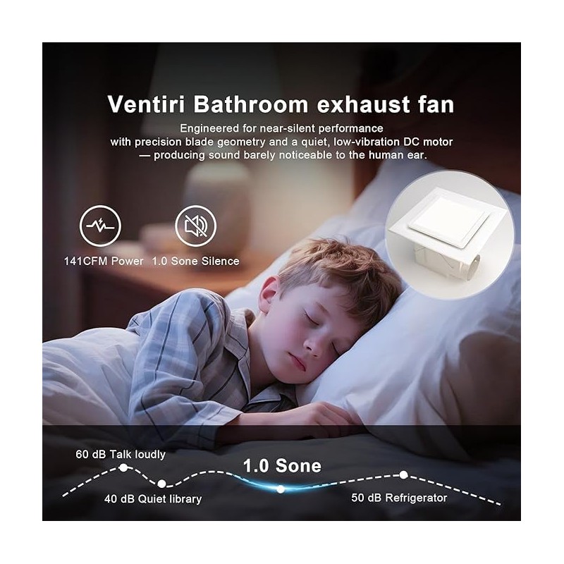 Bathroom Exhaust Fan with Light, 141 CFM Vent Fans, 3CCT