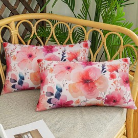 Watercolor Flower Outdoor Lumbar Pillow Covers 12"x20" Set of 2 Red Pink Floral Pillow Covers Decorative Water-Repellent Lumbar Patio Pillows for Garden Bench Porch Couch Sofa and Patio Furniture