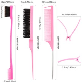 Remerry 12 Pieces Hair Brush Set, Nylon Teasing Hair Brushes 3 Row Salon Teasing Brush, Double Sided Edge Smooth Comb Grooming, Rat Tail Combs with Duckbill Clips for Women(Pink)