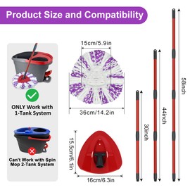 DLAIMI Mop Combo Set 2 PCS Mop Head Replacement Microfiber+1 PC Red Spin Mop Head Base+1PC 4-Section Mop Handle Compatible with Vileda Turbo 3-in-1 Spin Mop Refill Mop Head
