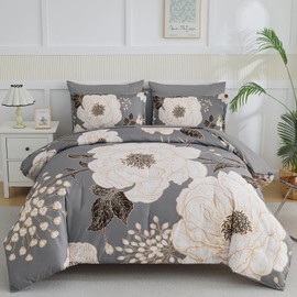 Luxudecor Floral Queen Comforter Set 7 Pieces Bed in a Bag, White Flower Print on Grey Bedding Set, Soft Reversible Comforter with Sheet Set 90"x90"