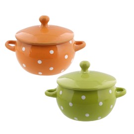 Servette Home Soup Bowls with Handles and Lids Ceramic Polka Dot Set of 2 Orange Green