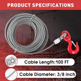 kuailebuy Steel Winch Cable,3/8" x 100' Wire Rope with Swivel Hook,17637 Lbs Breaking Strength,6x19 Strand Core Steel Towing Cable for Tow Truck,Crane,Wrecker