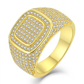 Wisbal 18K Gold Rings Cluster Diamond Band Micropave Mens Bling Ring Square Crystal Zircon Little Finger Ring for Men, 5, 黄铜, Cubic Zirconia