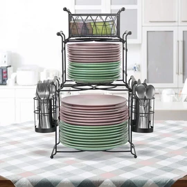Sorbus® Buffet Caddy — 7-Piece Stackable Set Includes Plate, Napkin, and Silverware Holder, 3-Tier Detachable Tabletop Organizer — Ideal for Kitchen, Dining, Entertaining, Parties,Thanksgiving (Black)