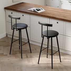 IRCPEN Bar Stools, Set of 2 High Kitchen Barstools, Bar Chairs with Backrest and Footrest, Industrial Counter Stools with PU Soft seat, for Kitchen, Living Room, Pub, Black BS-013BK