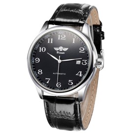 MASTOP Men's Classic Automatic Mechanical Day Calendar Luxury Leather Band Watch (Black)